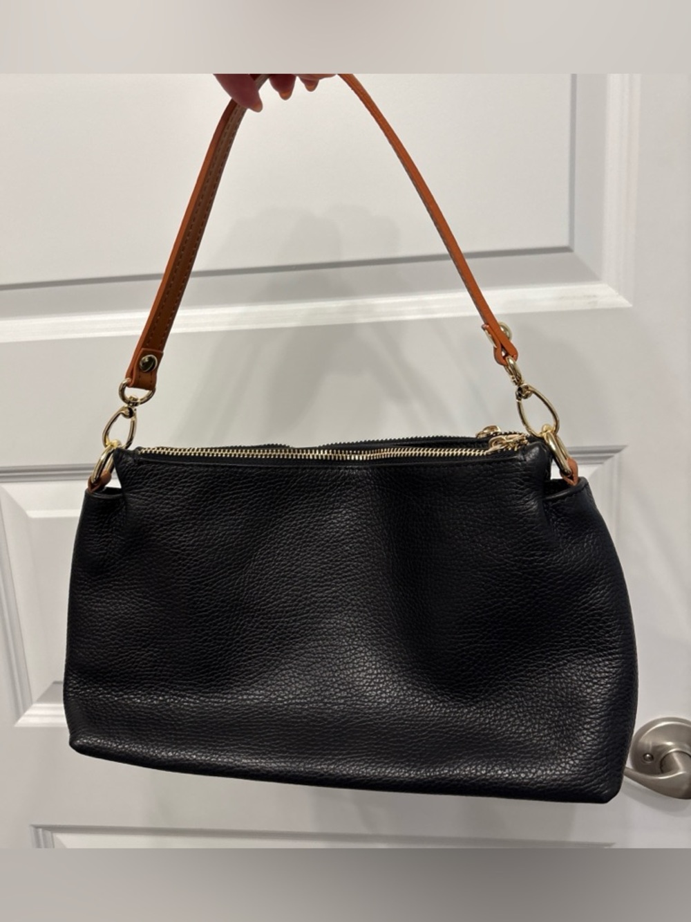 Valentina Black Leather Shoulder Bag with Tan Strap